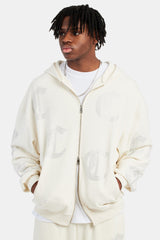 C Repeat Rhinestone Zip Through Hoodie - Ecru