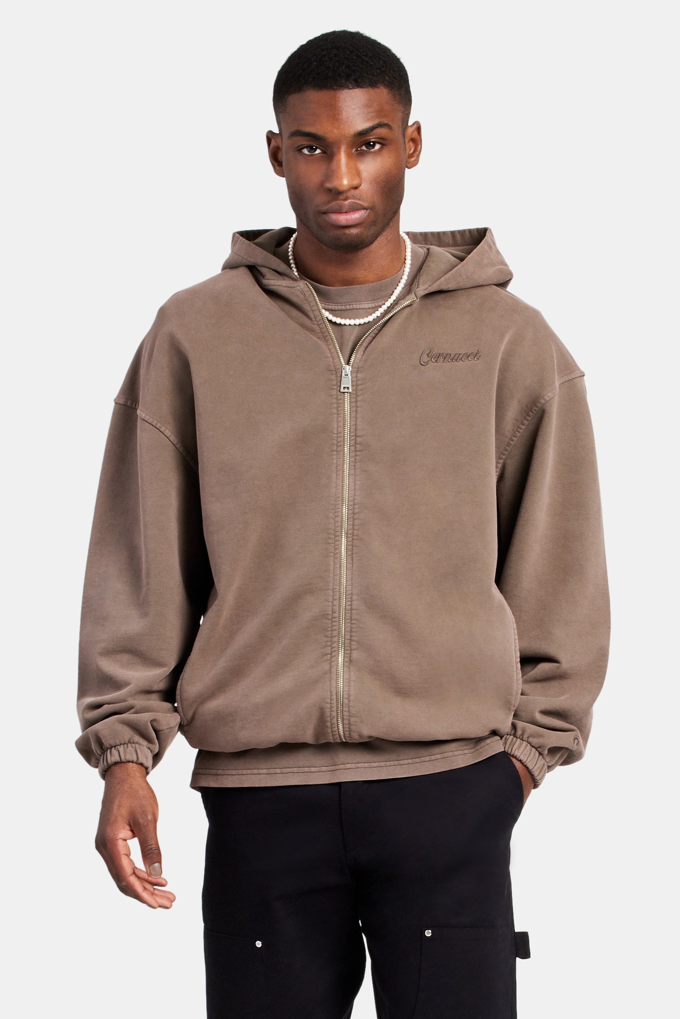 Embroidered Zip Through Hoodie - Washed Brown | Mens Hoodies & Sweats ...