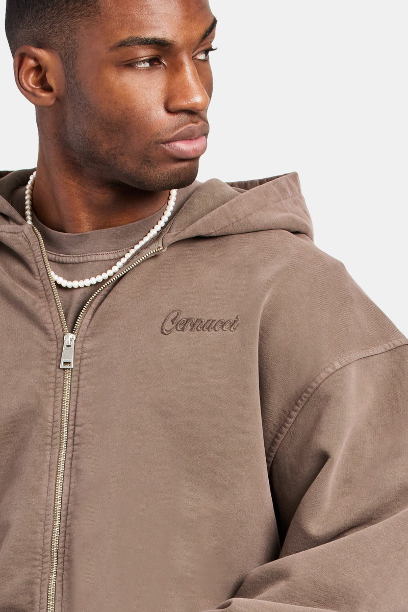 Embroidered Zip Through Hoodie - Washed Brown