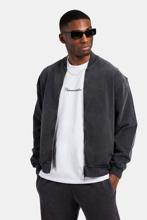 Acid Wash Jersey Bomber Zip Through - Charcoal