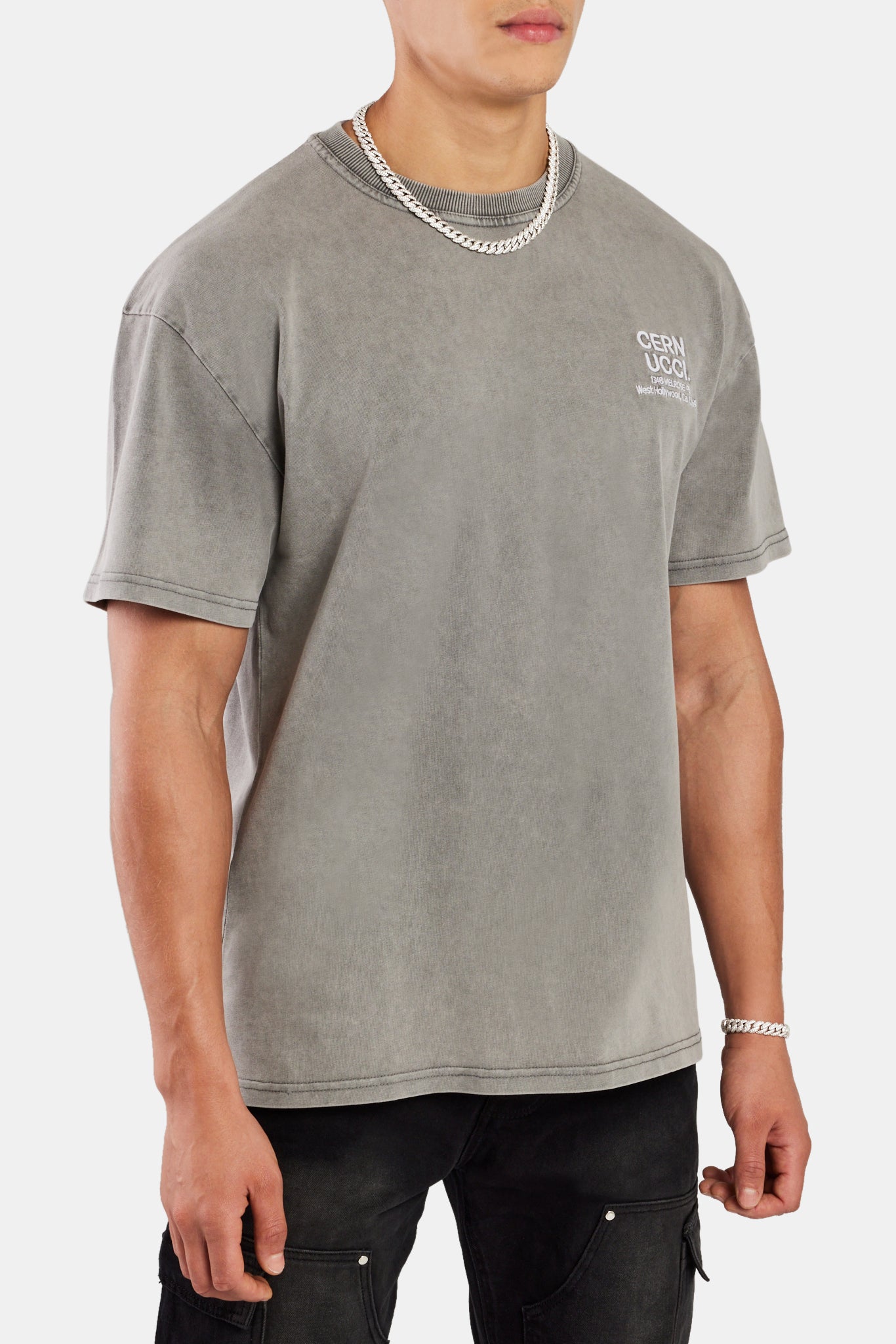 Oversized Washed Cernucci Text T-Shirt - Grey