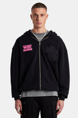 Printed Applique Zip Hoodie - Black