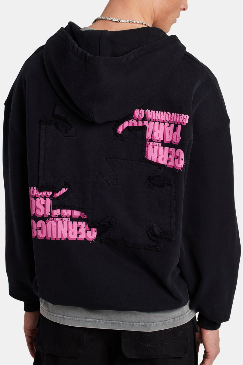 Printed Applique Zip Hoodie - Black