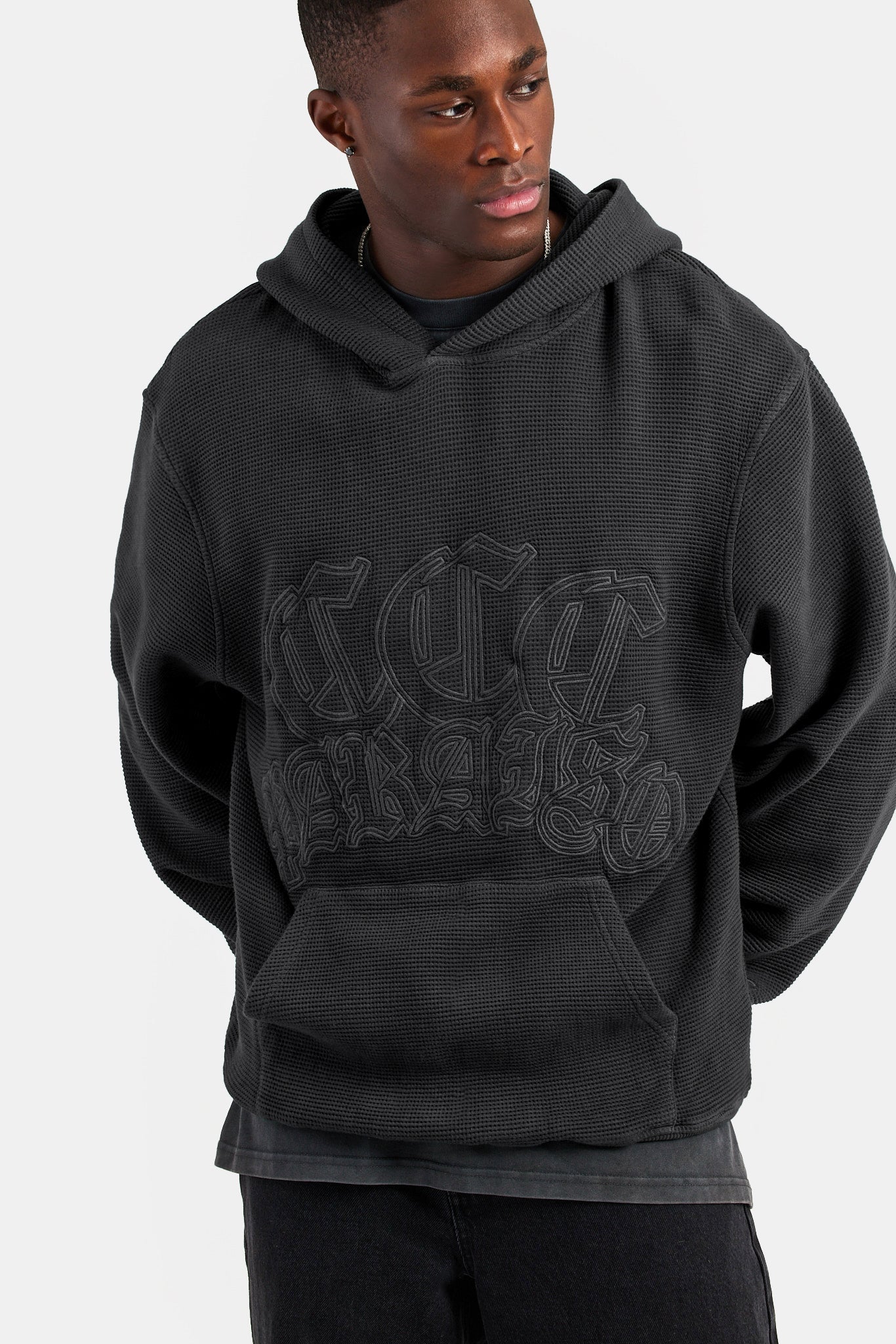 Acid Wash Waffle Hoodie - Charcoal | Mens Hoodies & Sweats | Shop