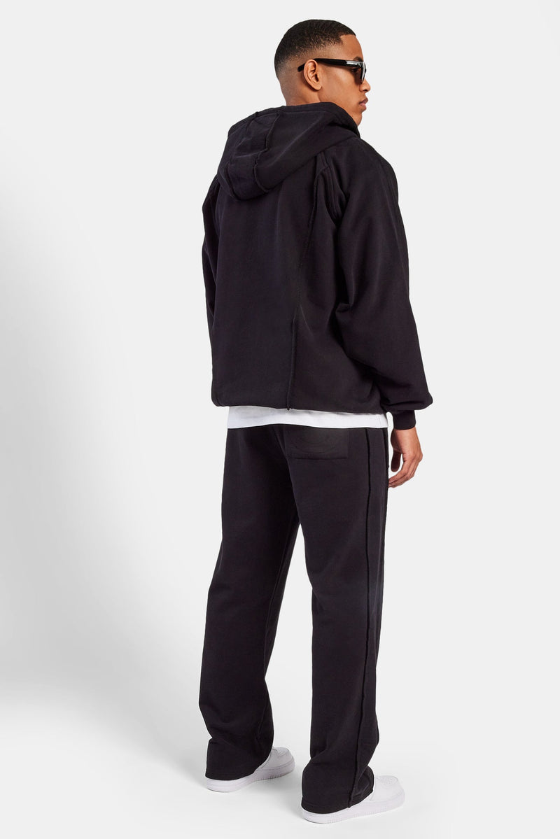 Exposed Seam Zip Through Hoodie - Black