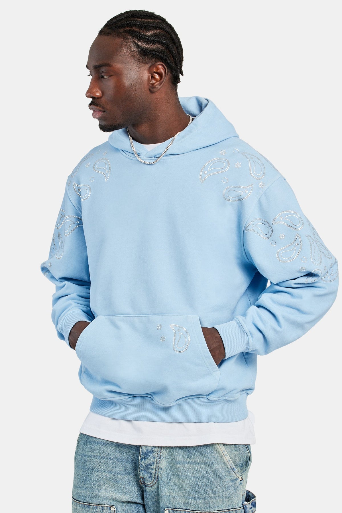 Bandana Rhinestone Hoodie - WASHED BLUE | Mens Hoodies & Sweats 