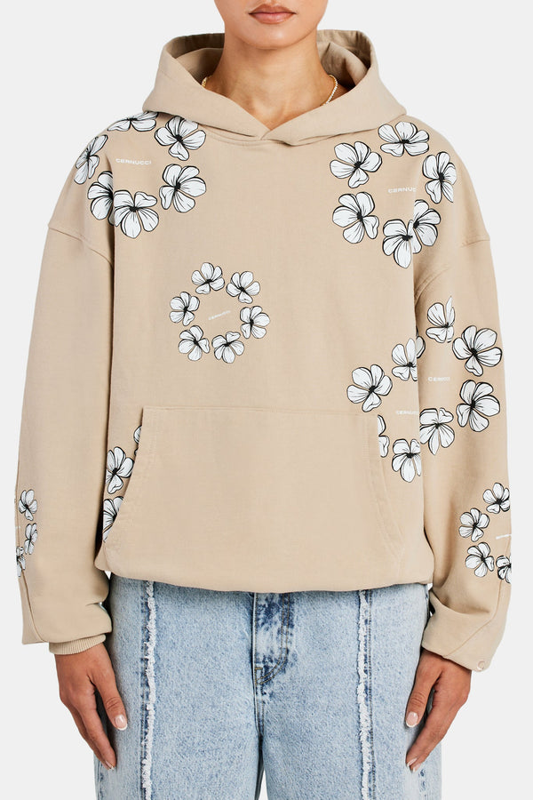 Floral Print Oversized Hoodie - Beige