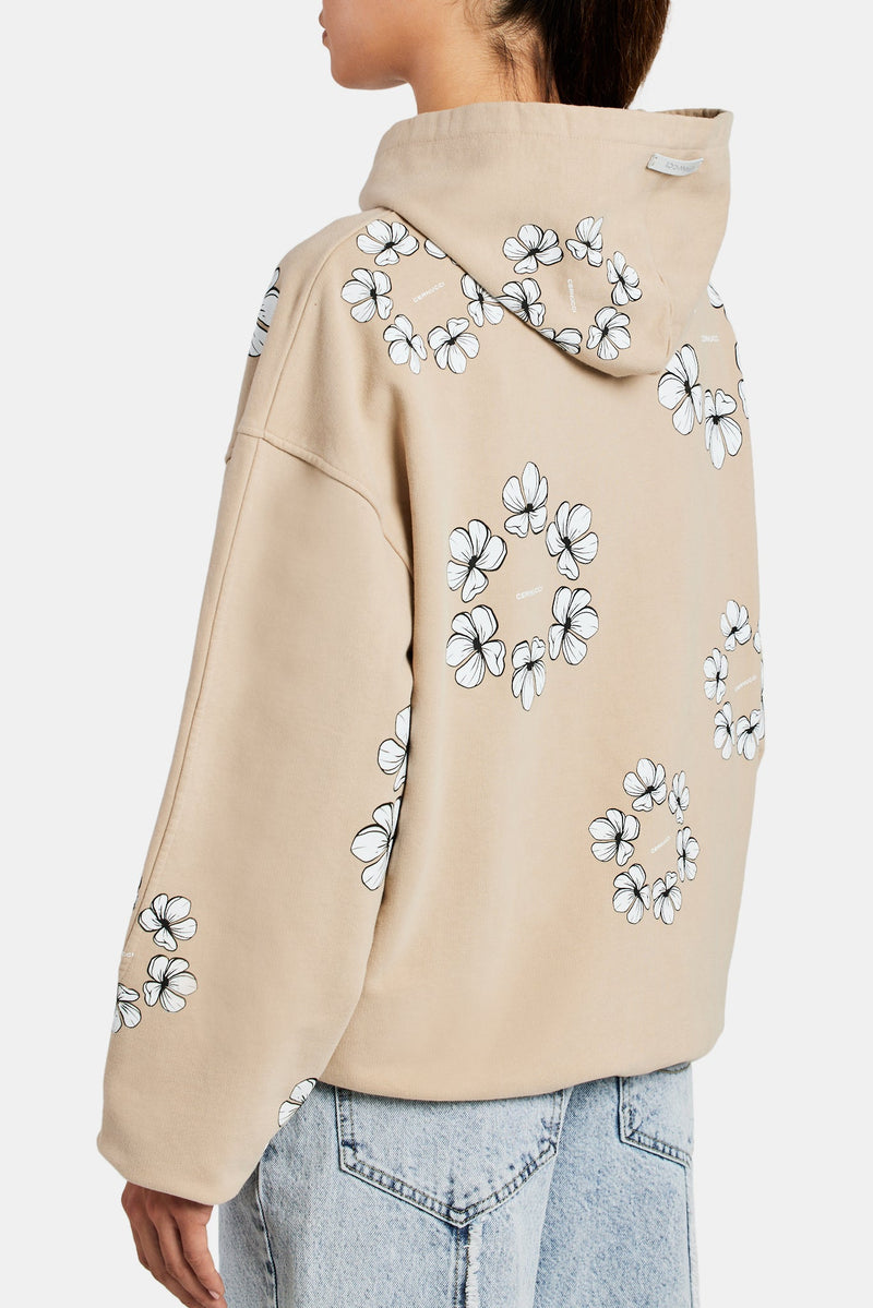 Floral Print Oversized Hoodie - Beige