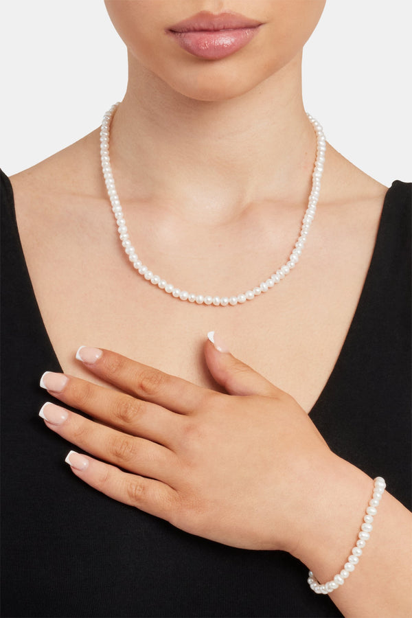 Womens 4mm Pearl Necklace & Bracelet - White