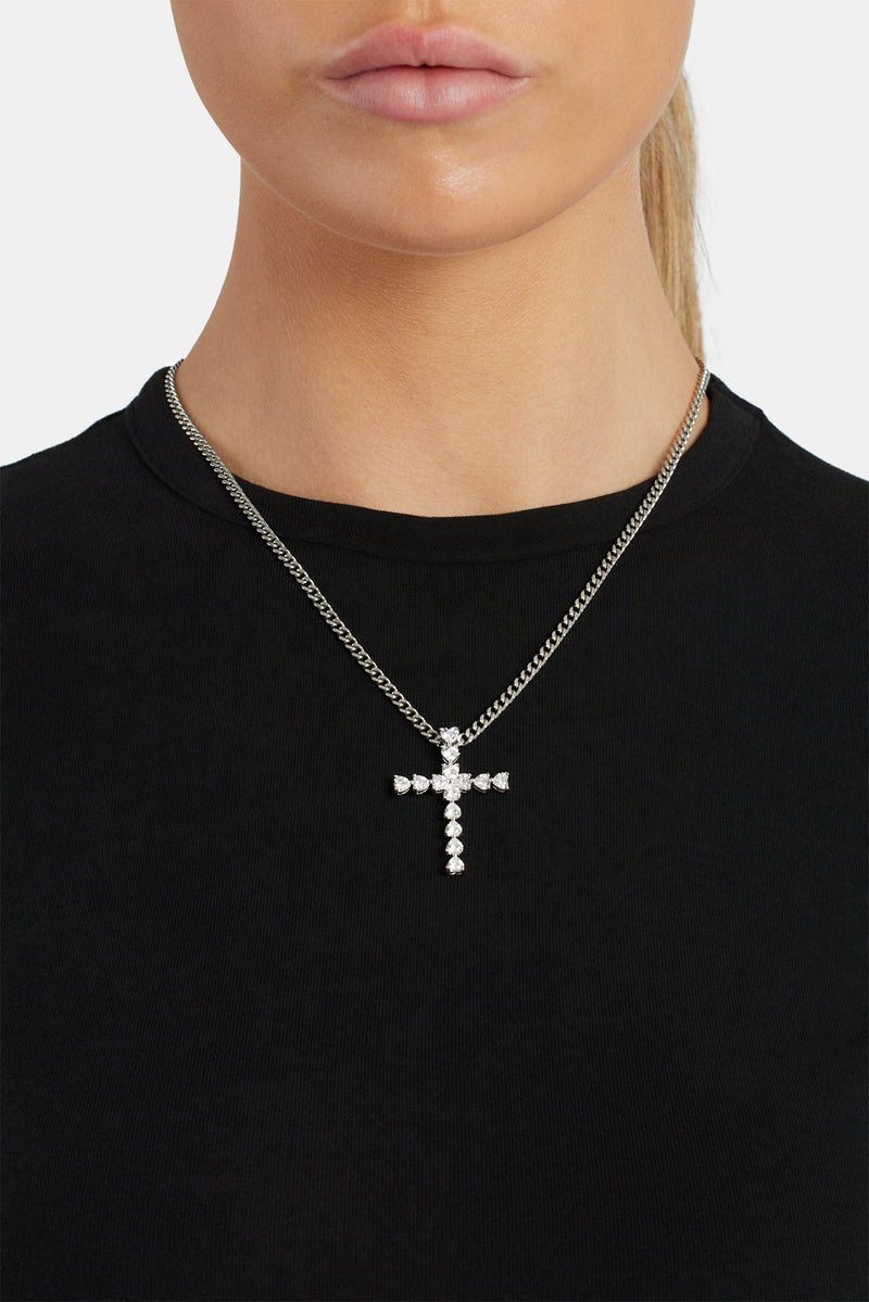 3mm Cuban Chain with Iced Clear CZ Cross Necklace