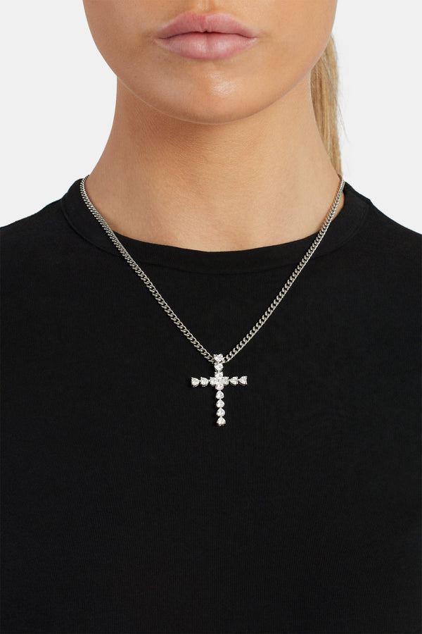 3mm Cuban Chain with Iced Clear CZ Cross Necklace - White Gold