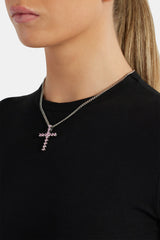 3mm Cuban Chain With Iced Pink CZ Cross Necklace