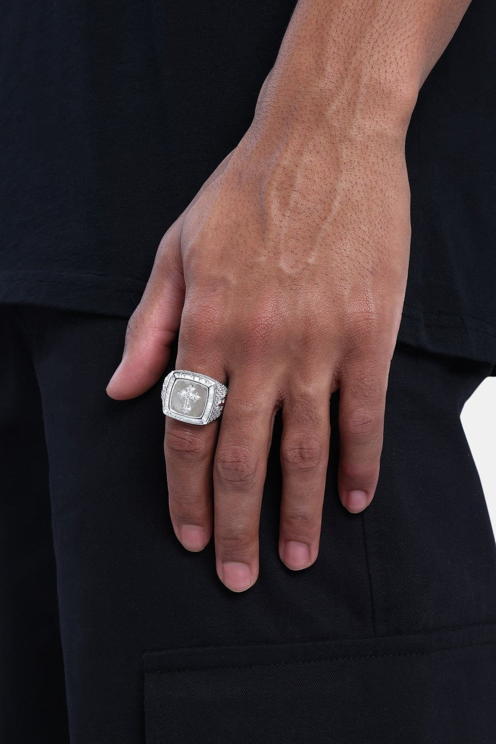 Iced Cross Signet Ring - White 20mm | Mens Rings | Shop Signet Rings at ...