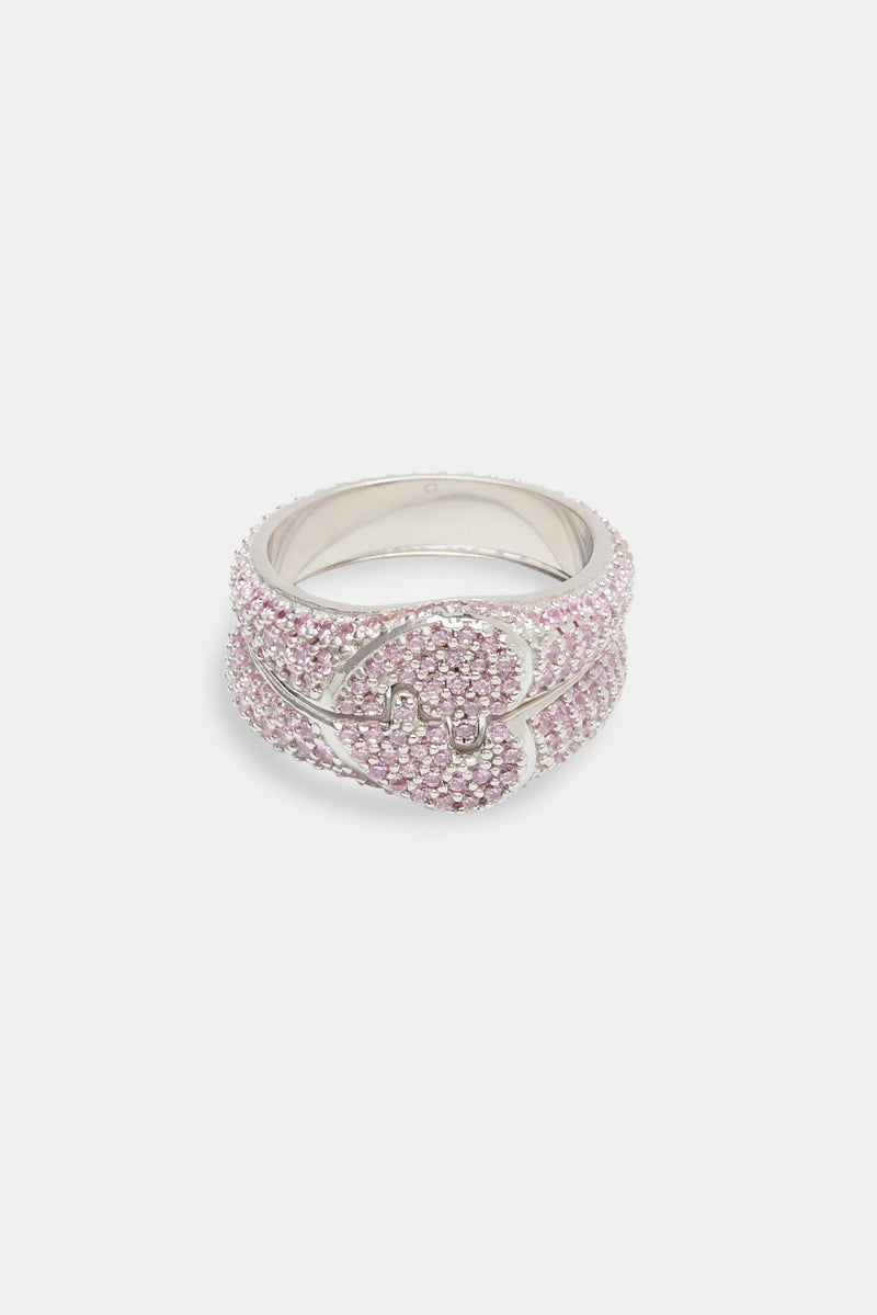 Iced Connecting Heart Ring - Pink