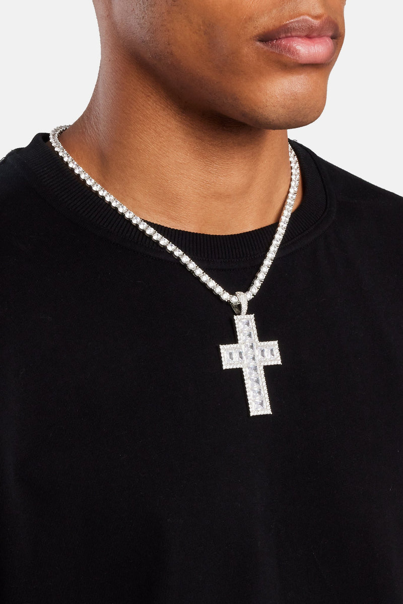 Square Baguette Cross Pendant - White