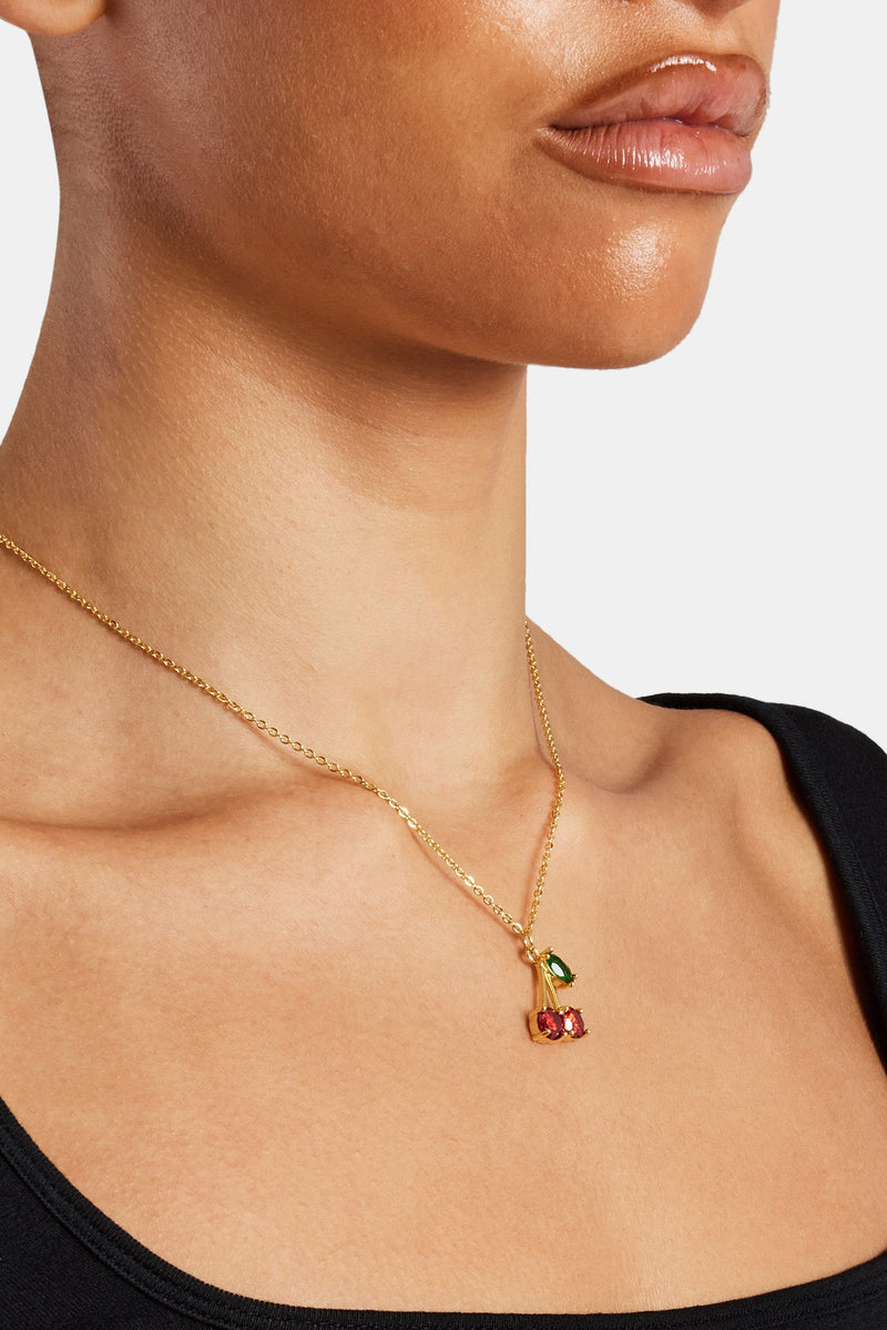 Iced CZ Cherry Necklace - Gold
