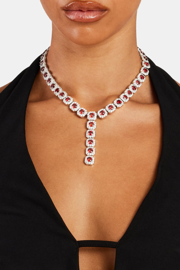 Iced Deep Red CZ Cluster Drop Necklace
