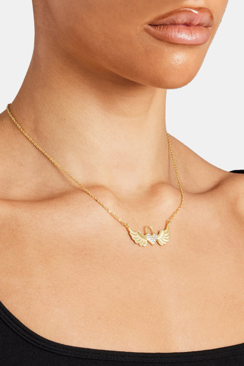 Iced Heart Padlock Angel Necklace - Gold