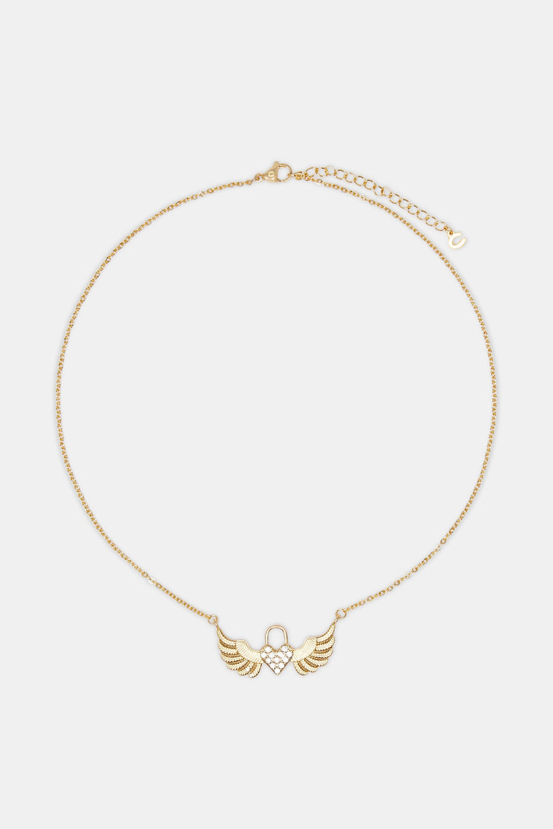 Iced Heart Padlock Angel Necklace - Gold
