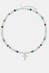 Blue Bead & Cross Freshwater Pearl Necklace