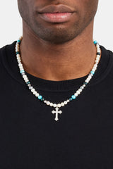 Blue Bead & Cross Freshwater Pearl Necklace