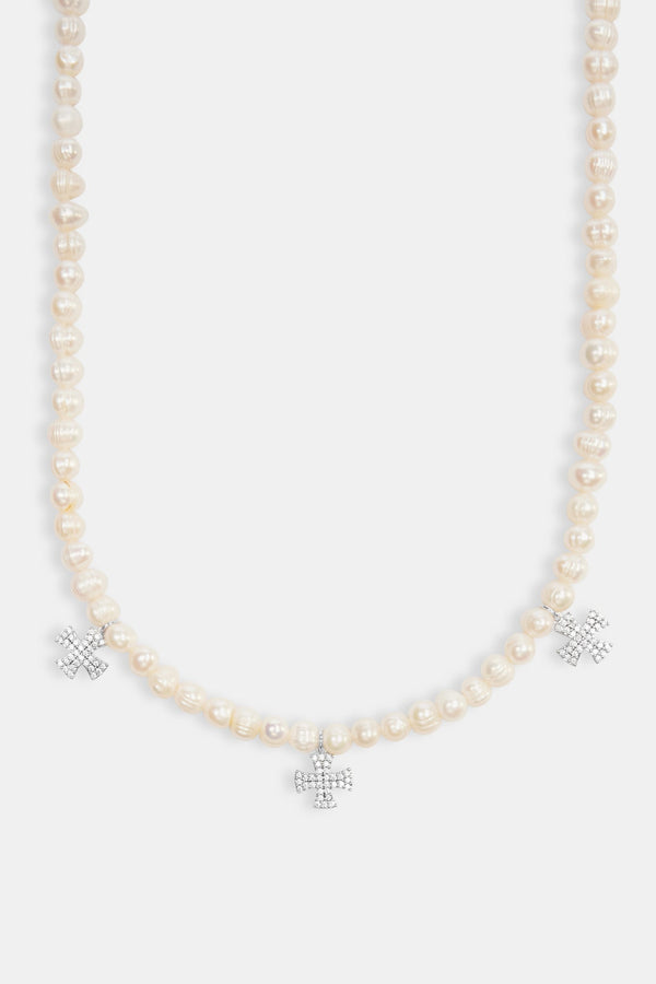 Freshwater Pearl Cross Drop Necklace - White
