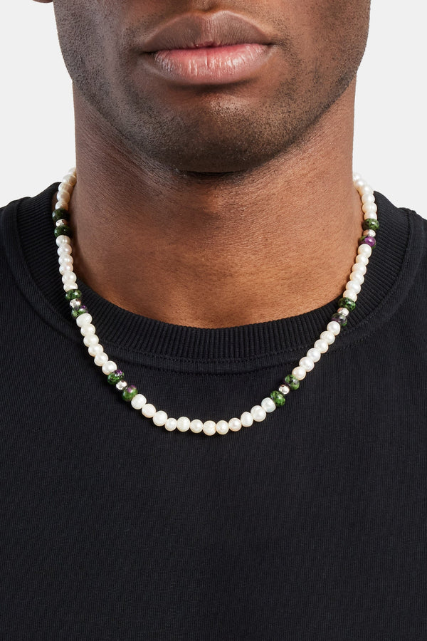 Freshwater Pearl & Green Stone Bead Necklace
