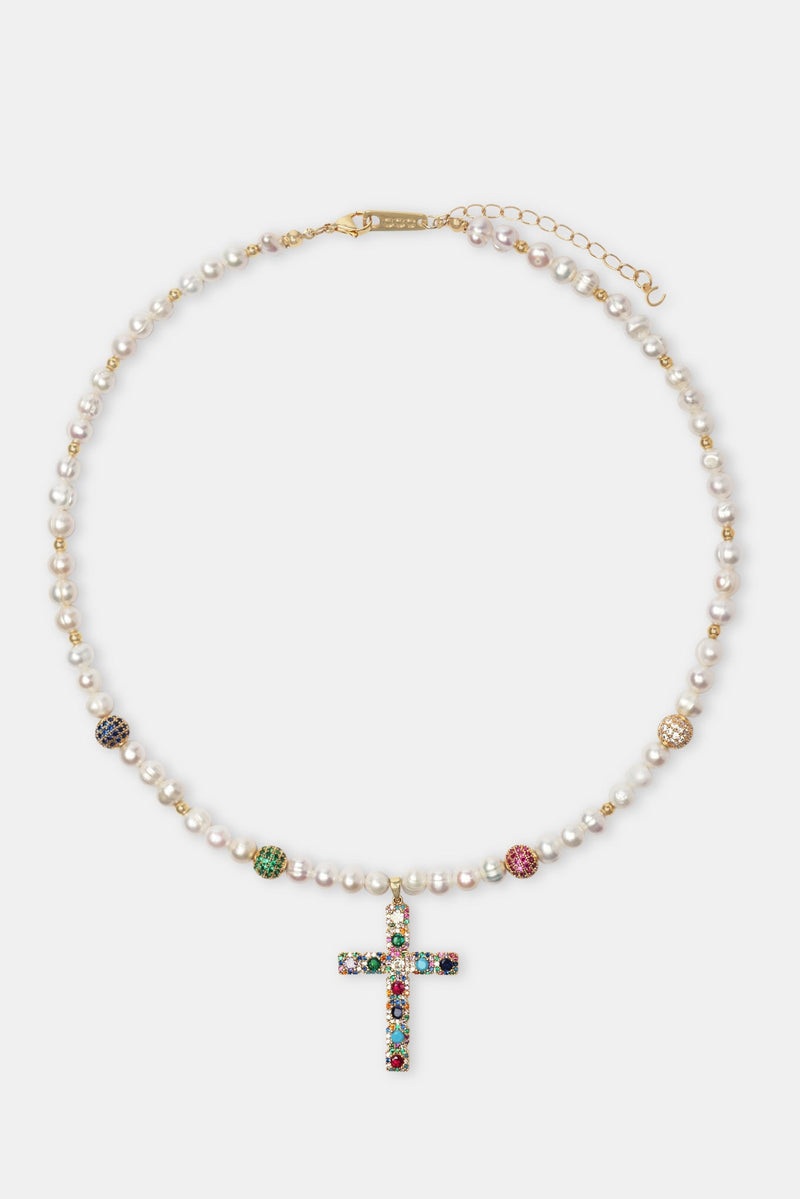 Freshwater Pearl & Multi Colour Ice Ball Cross Necklace - Gold