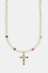 Womens Freshwater Pearl & Multi Colour Ice Ball Cross Necklace - Gold