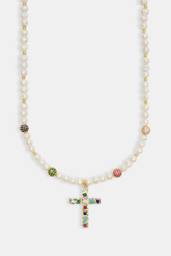 Womens Freshwater Pearl & Multi Colour Ice Ball Cross Necklace - Gold