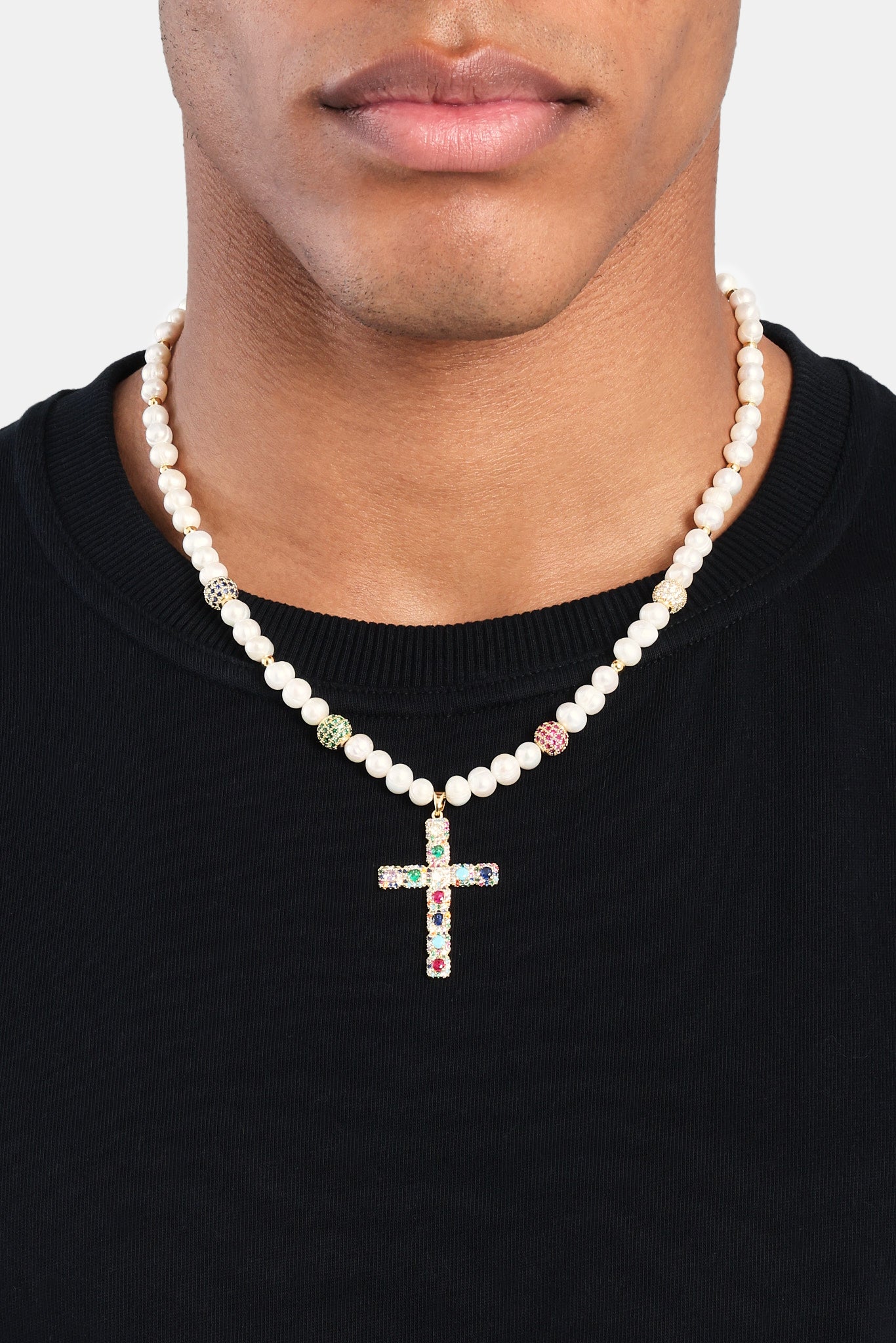 Freshwater Pearl & Multi Colour Ice Ball Cross Necklace - Gold | Mens ...