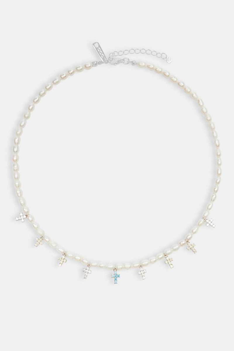 Womens Freshwater Pearl & Multi Colour Ice Cross Necklace - White