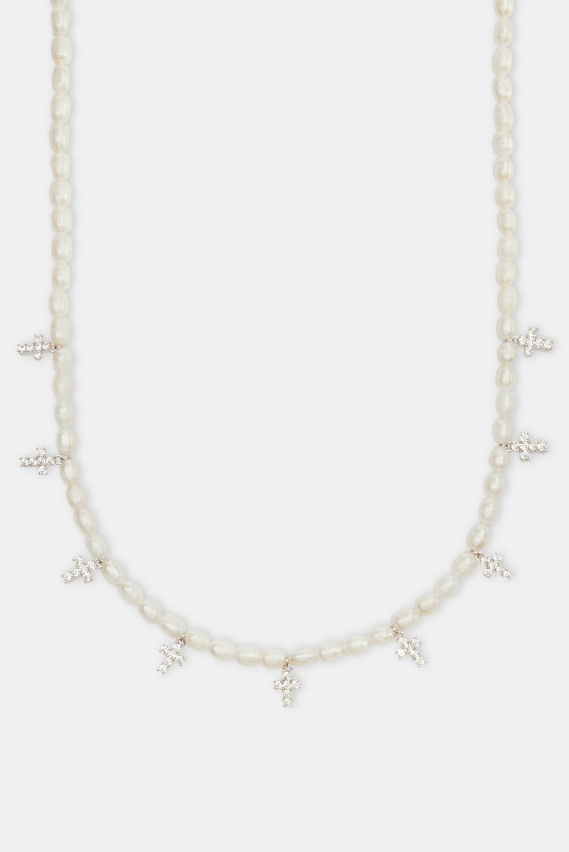 Freshwater Pearl & Clear Ice Cross Necklace - White