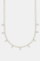 Freshwater Pearl & Clear Ice Cross Necklace - White