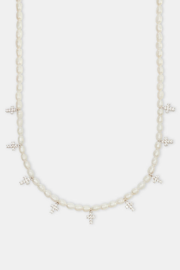 Freshwater Pearl & Clear Ice Cross Necklace - White