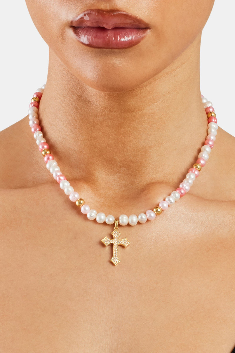 Pink Bead & Cross Freshwater Pearl Necklace