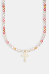 Pink Bead & Cross Freshwater Pearl Necklace