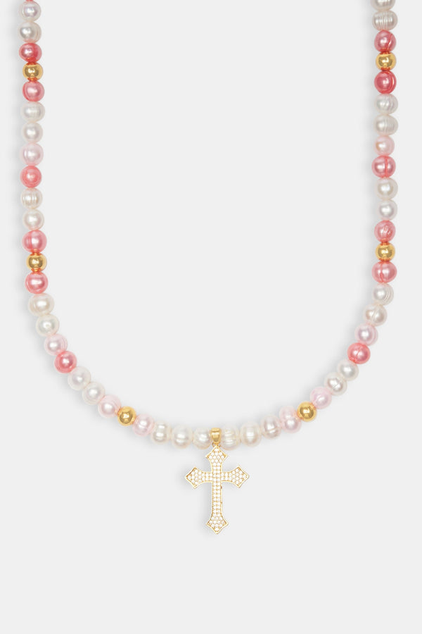 Pink Bead & Cross Freshwater Pearl Necklace