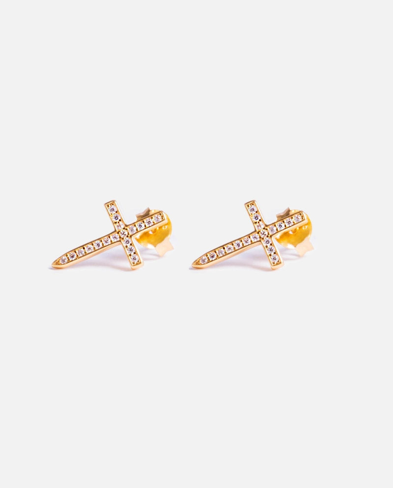 Iced Pointed Cross Earrings - Gold - Cernucci