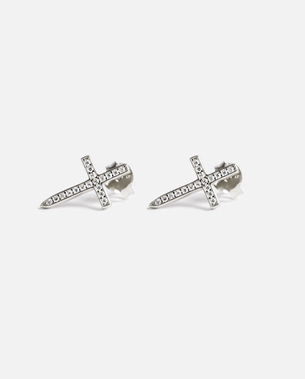 Iced Pointed Cross Earrings - White Gold - Cernucci