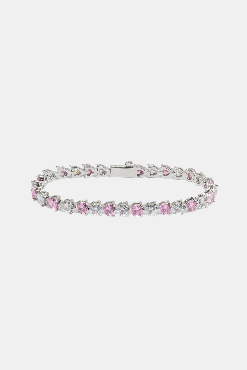 Pink & Clear Heart Tennis Bracelet - White